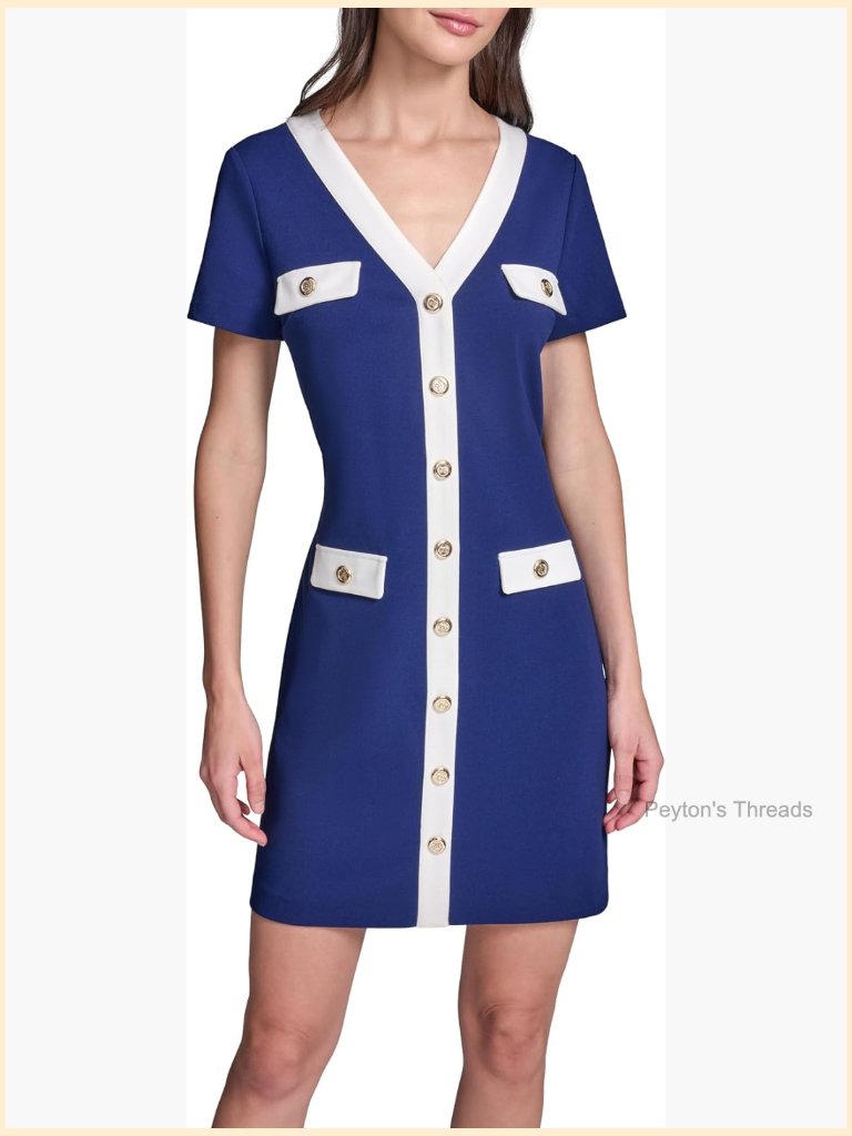 Short Sleeve V Neck Scuba Crepe A-Line Contrast Framing Dress